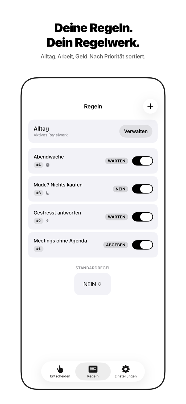 Die Regelliste mit mehreren Regeln, Prioritäten und Zeitfenstern.