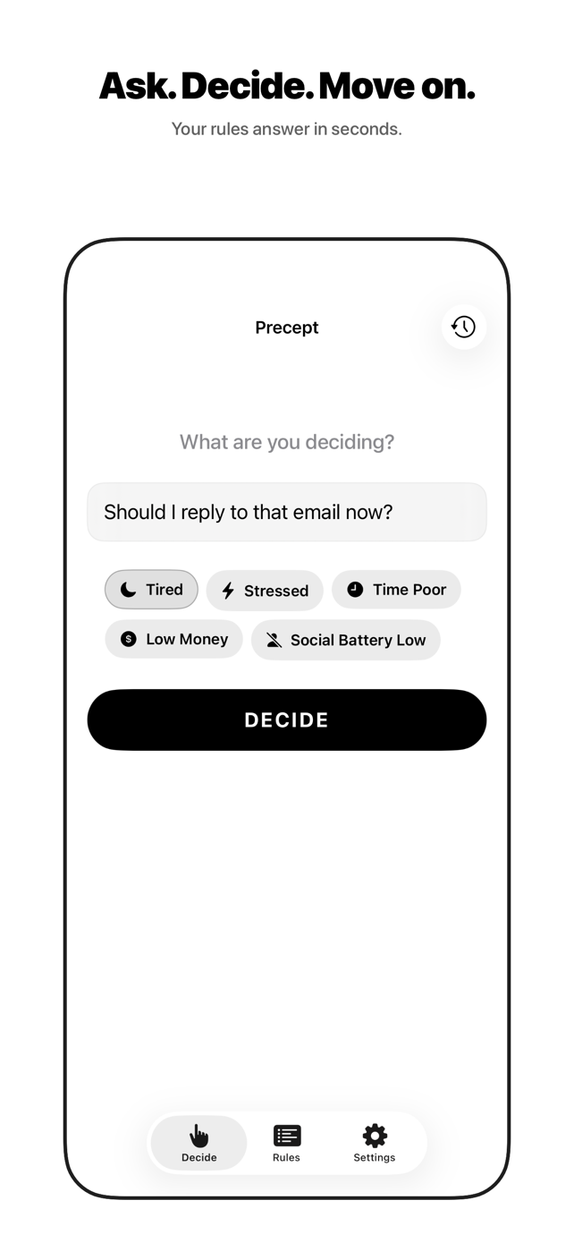 Precept on iPhone: the question “Should I reply to that email now?” with the context chip “tired”.